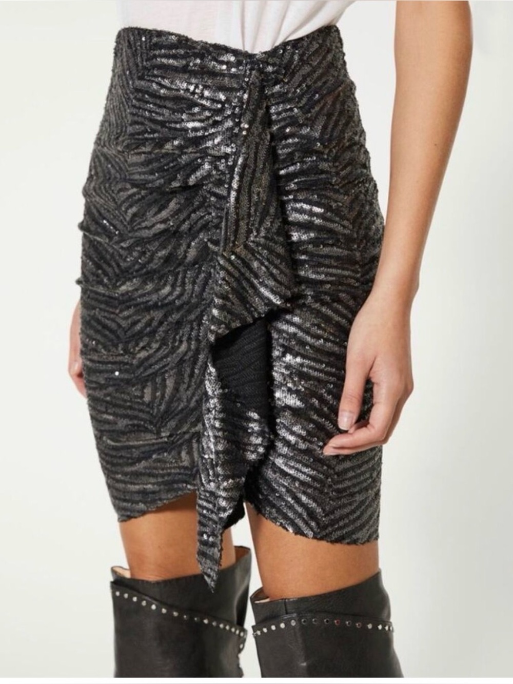 IRO Black and Taupe Sequin Zebra-Print Mini Skirt